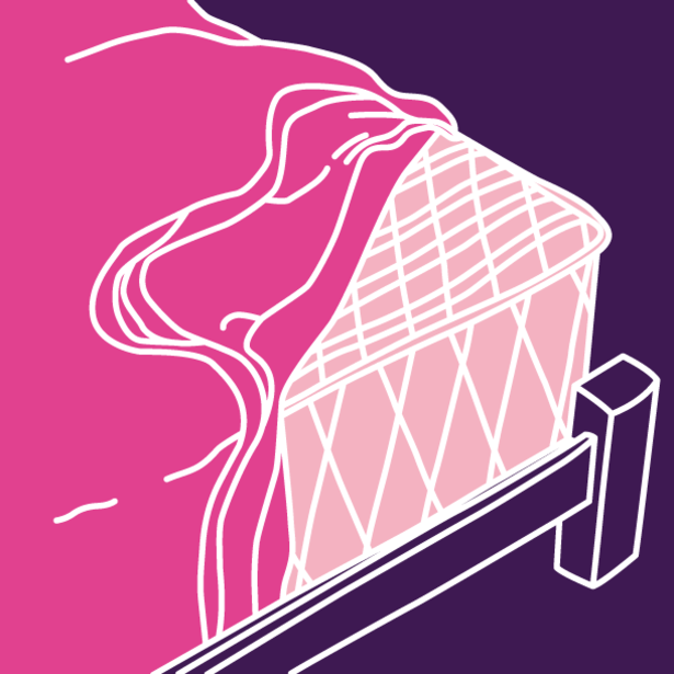 Illustration of pink coloured mattress protector on a blue background